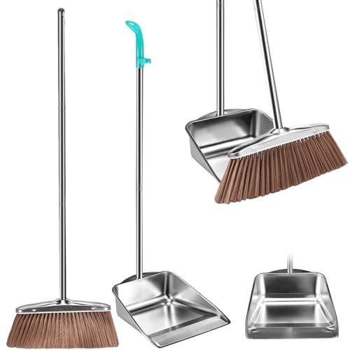 Metal Dustpan and Brush Sets Upright Long Handle Broom and Dustpan Set Heavy Duty Stainless Steel Broom Dustpan for Sweeping Indoor Outdoor Kitchen Lobby Floor (Square)