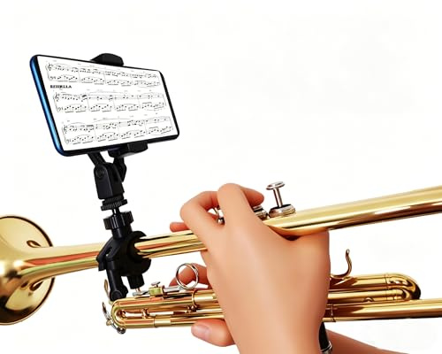 Trumpet Lyre,Professional Trumpet Sheet Music Lyre,Adjustable 360° Rotation,for Trumpet&Clarinet&Oboe,Easily Read PDF sheet music&Take videos,Smartphone Compatible 2.57-3.54in Width With Storage Bag