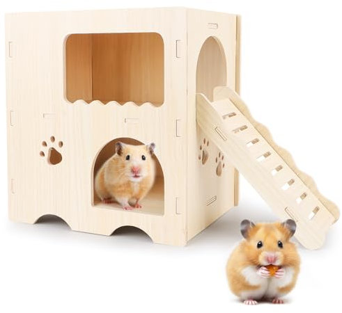Hamster Haus Holz,2 Etagen mit Leiter,Mehrkammernhaus,Nagetiere – Holz Hamsterhaus für Zwerghamster 20 * 14 * 21 cm