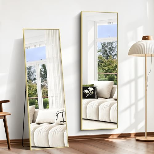 BONEWEI Specchio da Terra 147x44 cm, Specchio Rettangolare a Figura Intera con Cornice in Alluminio Dorato, moderno grande specchio da parete in piedi o da appendere, per Soggiorno, Spogliatoio