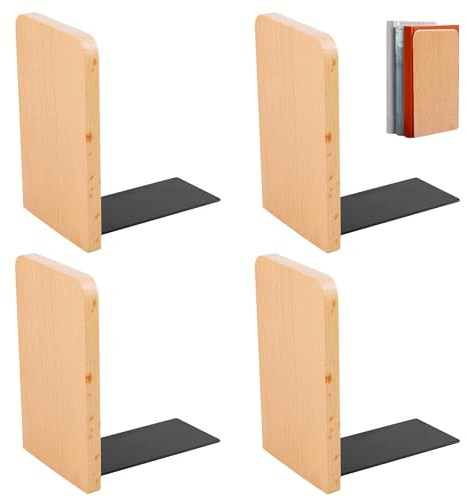 GOEDCH Lot de 2 paires de serre-livres en bois de hêtre, 13 x 8 cm, solides, avec pieds en métal antidérapants, serre-livres décoratifs pour la maison, le bureau