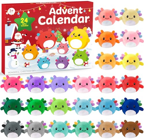 Calendario dell'Avvento 2025, calendario natalizio per conto alla rovescia, 24 giorni di sorprese con mini giocattoli di peluche Axolotl, animali di peluche, regali di Natale per bambini, adolescenti