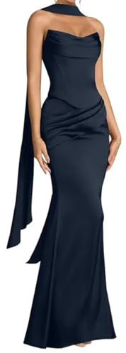 Abito da damigella d'onore da donna, in raso, con sciarpa, abito da sera, abito da ballo, plissettato, abito da cocktail taglie forti, blu navy, 44