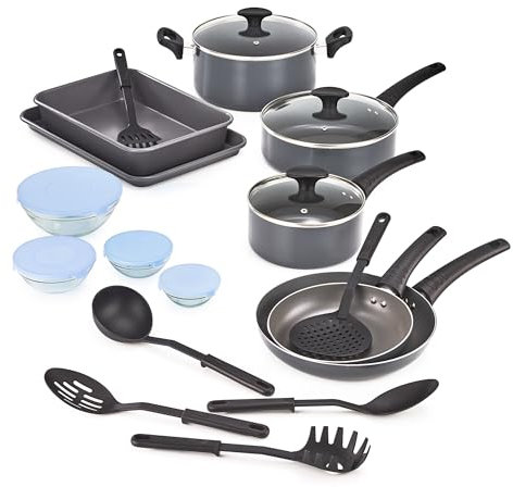 bella Set di pentole antiaderenti bella con coperchi in vetro - Pentole e padelle in alluminio, ciotole e utensili da cucina, compatibili con tutti i tipi di fornelli, 21 pezzi, colore nero