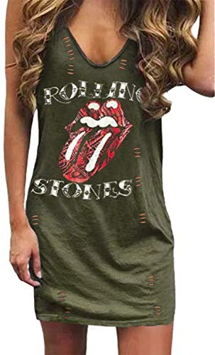 Uusollecy Robe Tee Shirt Été Femme sans Manches V-Col Motif Lèvres Imprimées Décontractée,Vert,S