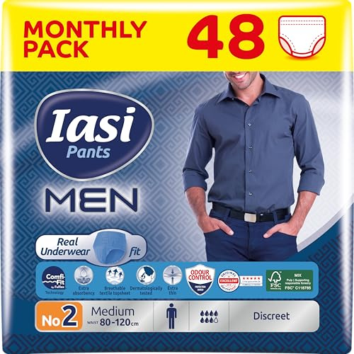 IASI Pants MEN, 48 Culottes Incontinence Homme, Protection Très Absorbante pour Fuites Urinaires Modérées à Fortes, Taille M, 48 unités