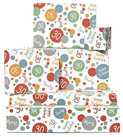 Central 23 - Papel de regalo para cumpleaños, 6 hojas de papel de regalo para 30 cumpleaños para hombres y mujeres, puntos coloridos, para amigos - 30 treinta años, viene con pegatinas
