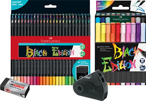 Faber-Castell - Buntstifte Blackwood, 50er Etui, leuchtende Farben mit weichem Abstrich, schwarzes Holz (50er Malset) inkl. Filzstift Black Edition 20er, Spitzdose Sleeve und Radierer Dust-free