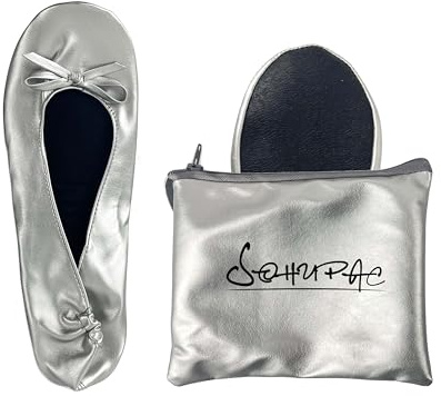 Women's Foldable Flats, Portable Ballet Flat Roll Up Slipper Shoes with Travel Pouch Bag for Ballerina Wedding (Silver Medium)