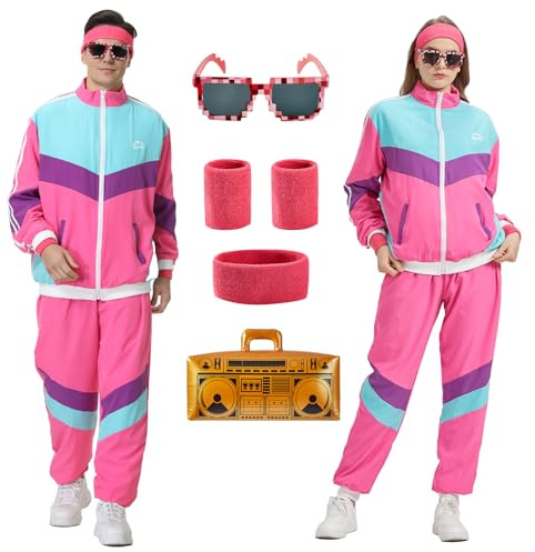 80-tals 90-tals outfit, 80-tals träningsoveralljacka byxor, 80-tals kostym med tillbehör, retro joggingdräkt, badknapp outfit för karneval, ROSA