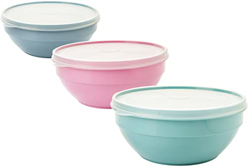 SUSTANIA Schüssel mit Deckel 1,5l, 3er Rührschüssel, Salatschüssel mit Deckel, Schüssel set aus BPA-frei Kunststoff (PP), Farbe: hell grau, pastell rosa, pastell grün, Transparent Deckel, Made in EU