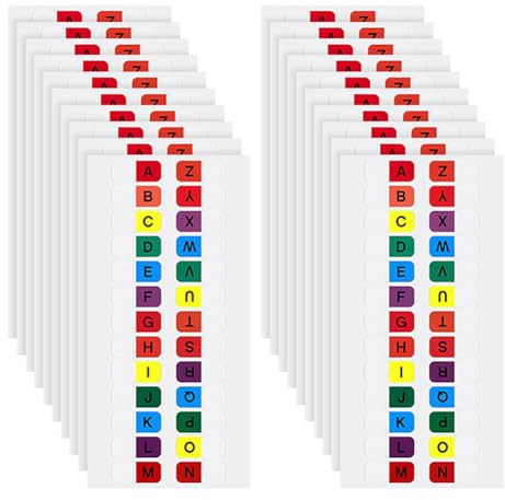JIHUOO Lot de 20 feuilles d'onglets adhésifs de A à Z avec index de l'alphabet - Onglets de page autocollants pour petites lettres alphabétiques - Onglets de séparation pour fichiers scolaires et