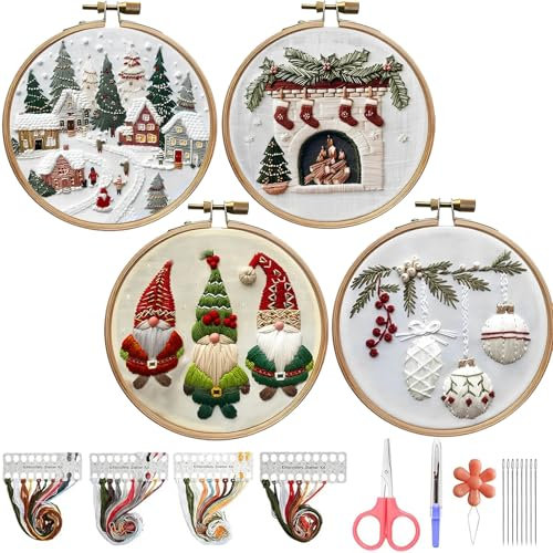Starnearby 4 Sets Weihnachten Sticken Set Erwachsene Weihnachtsmuster Stickset für Anfänger Embroidery Kit DIY Cross Stitch Kit Kreuzstich Set mit Werkzeug Weihnachten Geschenk für Frauen (A)