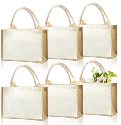 SHILIPAIJC Lot de 6 sacs fourre-tout en toile de jute réutilisables, sacs de courses et de plage, unis pour bricolage, cadeau de mariage, fête sur la plage