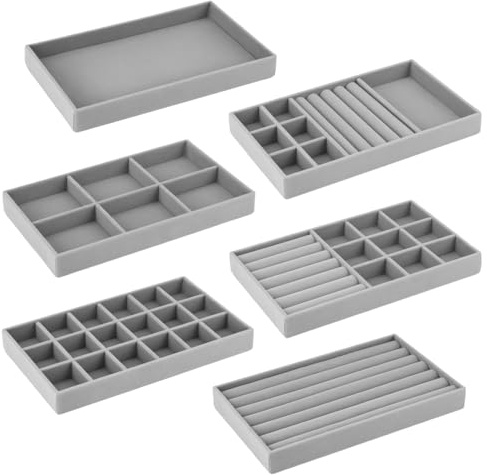 QWORK® Set de 6 Organizadores de Joyas de Terciopelo para Cajones - 21x12x2.5cm - Diseño Apilable