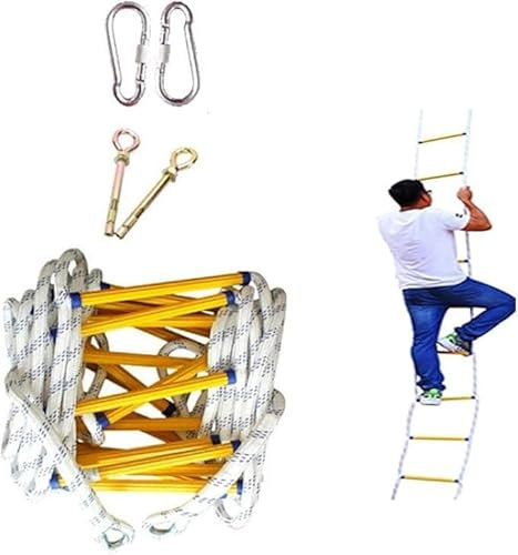 LUMSGN Échelle de Secours 8 m, 3 étages | Ancrages Inclus | Échelle de Corde pour Maison, 3e étage | Portable, Pliable et compacte | Échelle de Secours pour Balcon et fenêtre, Jaune (50 m)