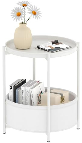 Garden 4 you Beistelltisch Rund, Sofatisch 2 Ebenen, Metall Balkontisch, Kleiner Tisch, Couchtisch mit Korb aus Stoff, Wohnzimmertisch, Beistelltische, Nachttisch fürs Schlafzimmer Wohnzimmer (Weiß)