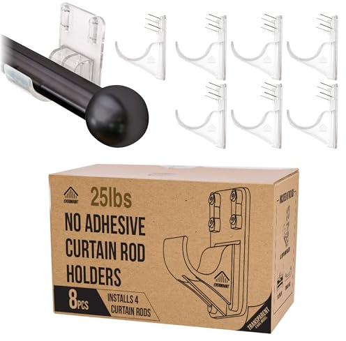 No Adhesive Heavy Duty Curtain Rod Holders with Wide Hook, 5X Stronger Than Adhesive Curtain Rod Hooks,Tension Curtain Rod Bracket for Wall with Pin Guide, Curtain Wall Mount (8 Pack, for 1.25 Rods)