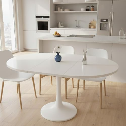 Lumivortex Tavolo da pranzo rotondo allungabile, tavolo da cucina 100/140 x 100 x 75 cm, tavolo da pranzo rotondo bianco per 2-6 persone, tavolo da pranzo allungabile per spazi multifunzionali