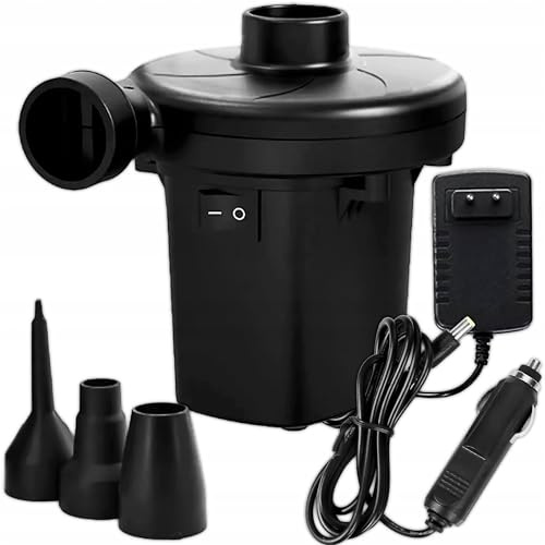 KRUMAD Pompa ad aria elettrica 12 V/230 V 50 W - Pompa a doppia funzione con funzione di gonfiaggio e spurgo - 3 teste per materasso ad aria, piscina, gommoni, letti ad aria e giocattoli