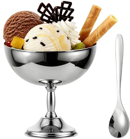 Tissting glassbägare rostfritt stål 270 ml, dessertskål återanvändbar silverfärgad glassbägare med sked eller gaffel, milkshake mugg för dessert fryst yoghurt gelato