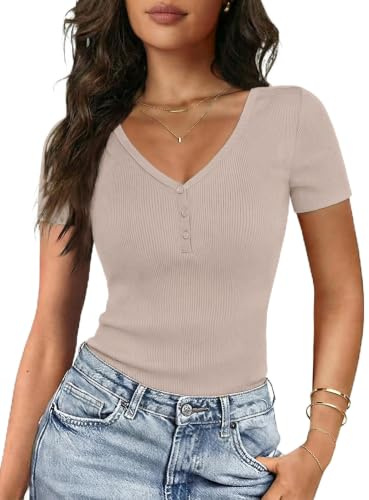 Gyabnw Women's Summer Top V Neck Short Sleeve Ribbed Knit Slim Fit | V neckline, short sleeve design, ribbed knit texture, slim fit, for summer wear, casual everyday styling