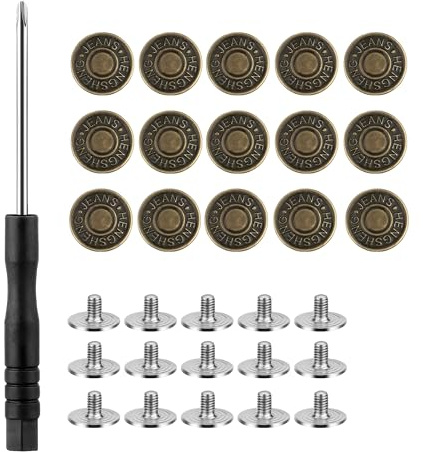 15 botones de repuesto para pantalones, 17 mm, sin coser, con destornillador, botones de mezclilla ajustables, botón para clavar, botones de mezclilla de latón, para vaqueros, ropa, bolsos, reparación
