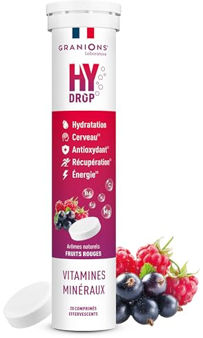 GRANIONS HYDROP Fruits Rouges – Pastilles Hydratation SANS SUCRES – Électrolytes Hydratation – Vitamines & Minéraux – Magnésium, Zinc – Fabriqué en France – 20 Pastilles Effervescentes