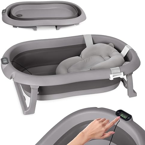 Babybadkar vikbart babybadkar – mörkgrått babybadkar med termometer och badkudde – 80 cm babybadkar för barn 0–36 månader – barnbadkar halkfritt bärbart