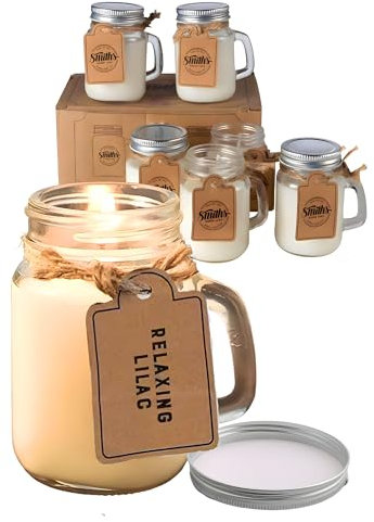 Set di 6-100% di candele di soia Vegan in mini vasetti decorativi da muratore 4 oz/120mL organici, stoppino di puro cotone senza piombo, luci fino a 26 ore + tempo di combustione per ogni candela