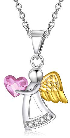 AOBOCO Schutzengel Kette Sterling Silber 925 Engel Anhänger Halskette mit Kristallen, Taufe Kommunion Geburtstagsgeschenke für Mädchen Kinder (Rosa)