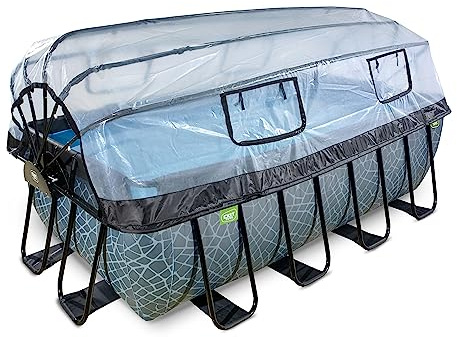 EXIT Toys Stone Pool con Cubierta Multifuncional - 400x200x122cm - Piscina de Marco Rectangular con Bomba de Filtro de Arena y Escalera de Piscina - Extra Profunda - para Agua Limpia y Cálida - Gris