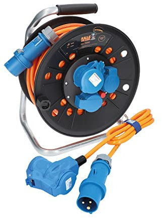 KALLE DAS KABEL Kabeltrommel Camping CEE-Campingkabel 3G 2,5mm² EXTREME SIGNAL 25 Meter Kabeltrommel + Anschlussleitung mit Winkelkupplung 1,5m