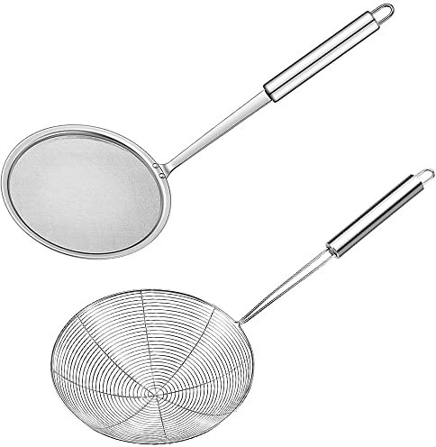 Aiareozy 2 Pezzi Schiumarola Acciaio Inox, Ragno da Cucina Acciaio, Schiumarola per Fritti, Colino Fritto, Ragno Cucina per Cucinare, Friggere, Arrostire, Pasta o Gnocchi in Cucina