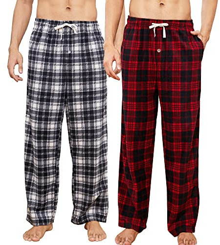 U2SKIIN Pyjamahose Herren lang kariert Schlafhose Schlafanzughosen für Herren Fleece Pyjama Hosen Nachtwäsche Freizeithose mit Taschen (Rot Schwarz Kariert+ Weiß Schwarz Kariert, L)