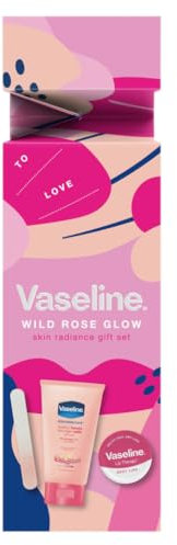 Vaseline Wild Rose Glow Skin Gift Set gifts for her with a lip balm, hand lotion and glass nail file 2 piece