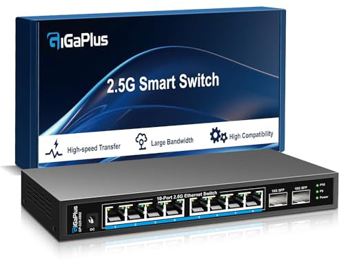 10 Port 2.5Gb Unmanaged Ethernet Switch mit 8* 2.5G Base-T Ports, 2* 10G SFP+ Ports. GiGaPlus 2.5Gbps Netzwerk Switch für 2.5Gbps NAS/PC, WiFi6 Router, Wireless AP. Lüfterloses Design, Plug and Play