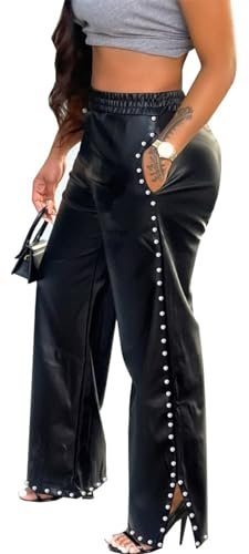 LifeShe Women's Wide Leg Faux Leather Pants Rivets Pearls Elastic Waist Beggy Trousers Black