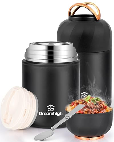 Dreamhigh® Thermobehälter für Essen 850 ml, Edelstahl Warmhaltebehälter Essen mit Griff, Thermoskanne Essen Auslaufsicher, inkl. Löffel, 12 Stunden Heiß, 12 Stunden Kalt (Schwarz)
