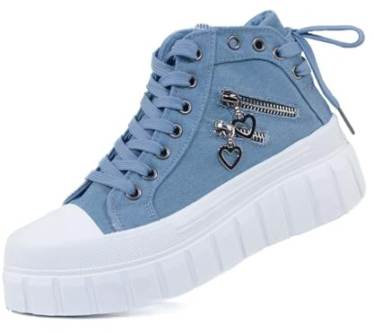 AONEGOLD Scarpe da Ginnastica Alte da Donna Leggere Antiscivolo Scarpe Alte con Lacci Comode Scarpe Sportive Piattaforma Scarpe Alte in Tela Sneakers (Blue/36EU)