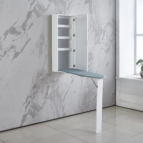 RVUEM White, Wall Mounted Ironing Board with Storage Cabinet, Hanging Ironing Board with Mirror, Built in Ironing Board & Folding Support Leg, for Home, Apartment & Small Spaces