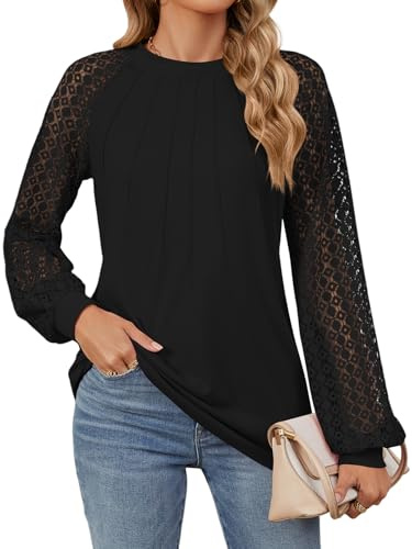 Chemisier Femme Chic et Élégant Pull Femme Haut Dentelle Tee Shirt Manche Longue Tunique Femme Blouse Casual Tops (Noir,XL)