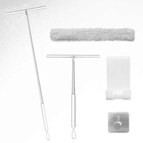 LORESJOY Tergivetro per Doccia 120cm,Lavavetri con Manico Telescopico, Lavavetri Doccia Senza Perforazione, 2 in 1 Lavavetri con Tergivetro in Silicone e Lavavetri in Microfibra (Bianco)