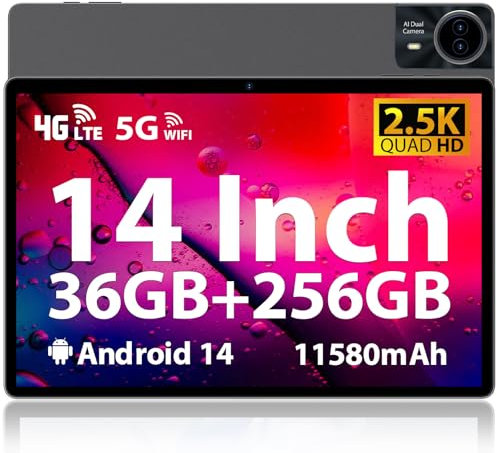 Android 14 Tablet, 14 Inch 2.5K Display, 36GB+256GB/TF 1TB, Octa-Core, 11580mAh, Quad-speaker, Slim Metal Large Tablet with Dual SIM 4G LTE/5G WiFi/BT5.0/GMS/GPS/13MP, Case/Stylus/Earphone Included