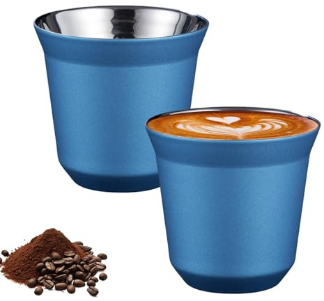 Pasdrucn set om 2 espressokoppar i rostfritt stål, tjocka väggiga, 80 ml espressokoppar av rostfritt stål, espressokoppar, kaffekopp espressokoppar i rostfritt stål (ljusblå)