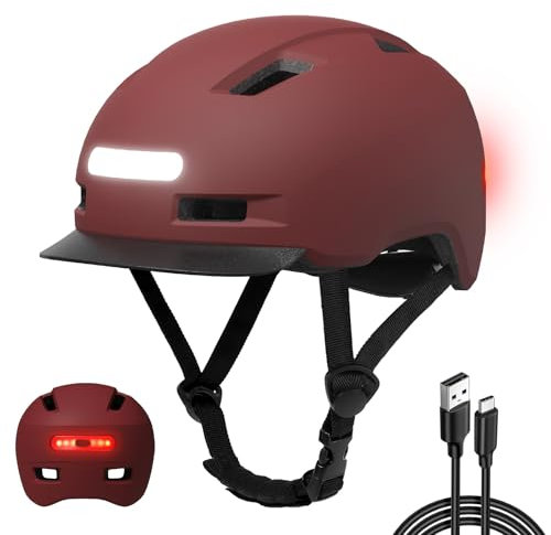 Shinmax Fahrradhelm Herren Damen, Helm Fahrrad mit USB Licht 5 Modi Fahrradhelm mit Visier, Mountainbike Helm Rennradhelm Erwachsen für Scooter Urban Pendler Dark-red M
