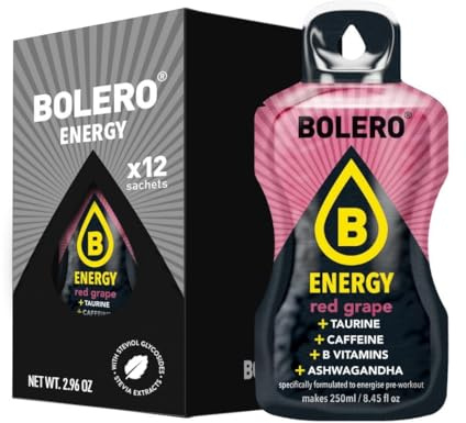 Bolero Energy 7 g x 12 sachets | Boisson en poudre sans sucre | Végan & sans gluten | Pour un mode de vie actif (12x7g, Raisin Rouge)