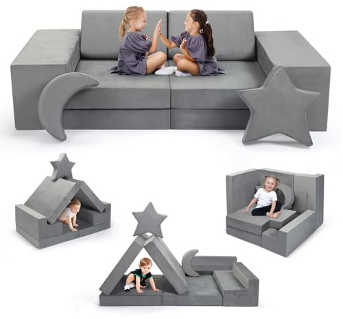 Canapé pour enfants, canapé pour enfants avec blocs de mousse, Épais, plus résistant, avec fermeture éclair invisible, canapé modulable pliable multi-styles, pour salle de jeux pour enfants(Gris-9pcs)