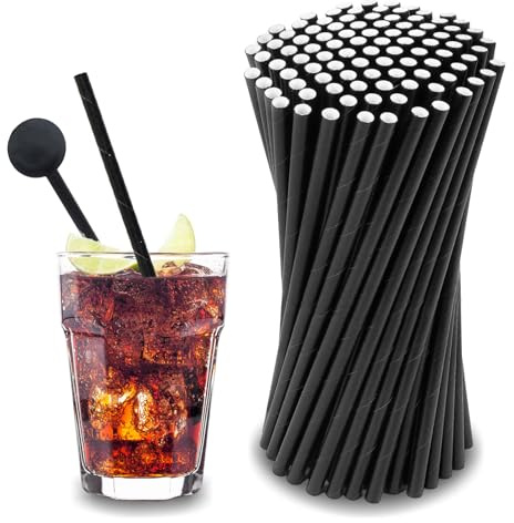 Pailles en Papier, Paquet de 100 Pailles Carton (Diamètre 6 mm 19,7 cm), Pailles de Couleur Unie, Adaptées aux Cocktails, Cafés et Célébrations, Soirées Long Drink (Noir)