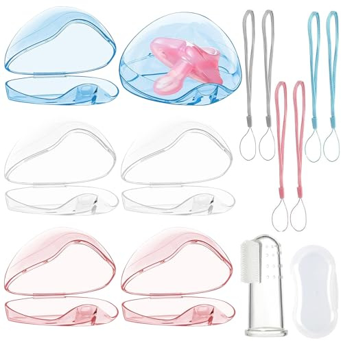 Hshenjhu 6 Stück Schnullerbox für Baby,Schnullerbox Aufbewahrungs Tragbar,Schnullerboxs Transparent PP Dummy Boxen BPA frei con Silikonbürste und Schlüsselband,für Reisen,Zuhause(Rosa, Blau, Grau)